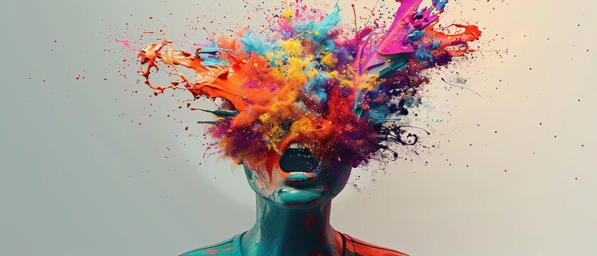 3D illustration of a person with an exploding head of colorful ideas signifying the burst of creativity and inspiration