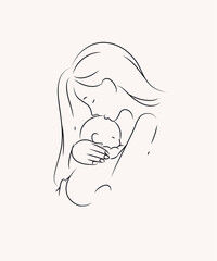 Mother hold and kiss child label drawing on light background
