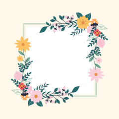 Hand drawn floral frame. Colorful floral wreaths with branches and leaves