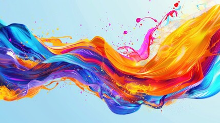 Fototapeta premium Colorful paint brush ribbons forming an abstract wave, with fluid splash elements.