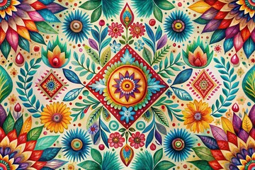 Vibrant watercolor illustration of intricate ethnic tribal motifs, featuring abstract shapes, floral elements, and geometrical patterns in bold colors and organic textures.