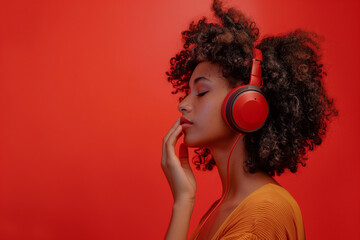 Obraz premium woman with curly hair listening to red headphones