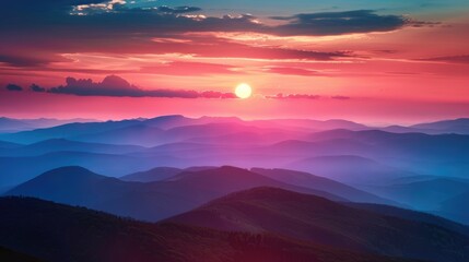 Obraz premium Radiant sunset over rolling hills and mountains, with a serene, heavenly atmosphere