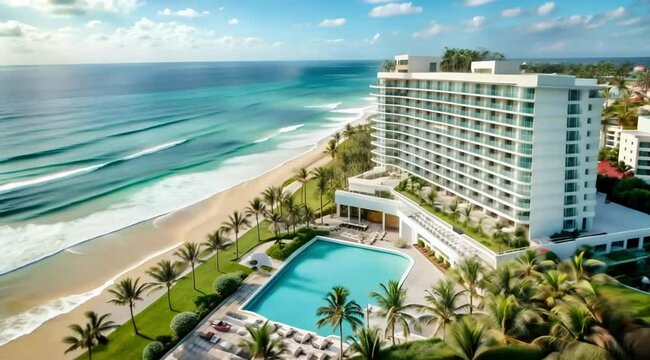 Luxurious resort with a large swimming pool and ocean view, people relaxing on the beach and chairs, and a white building with balconies overlooking the ocean.