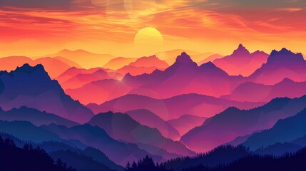 Obraz premium Sun setting behind a rugged mountain range, creating a silhouette against a vibrant sky