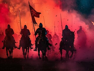 Knights in Jousting Tournament with Rich Colors Double Exposure Silhouette