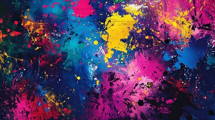 A vibrant explosion of color splattered across a dark canvas, creating a mesmerizing abstract art backdrop. The energetic, chaotic, and free-flowing nature of the paint evokes a se
