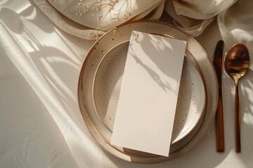 wedding menu on plates on a table setting, invitation card mockup