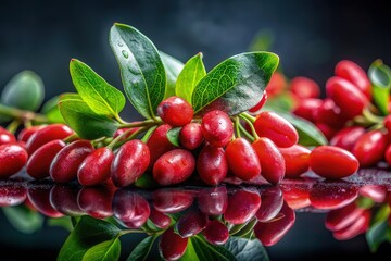 Obraz premium Fresh red berries with green leaves, water droplets, and reflection on black surface. Vibrant and healthy. cornel