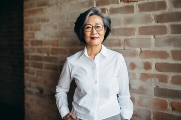 Portrait of a content asian woman in her 60s wearing a classic white shirt isolated in vintage brick wall