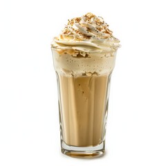 A tall glass filled with a creamy malted milkshake topped with whipped cream and toppings