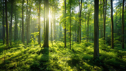 Obraz premium Sunbeams Filtering Through Lush Green Forest 