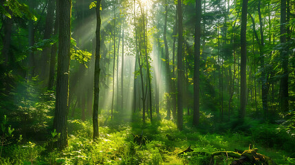 Fototapeta premium Sunbeams Filtering Through Lush Green Forest 
