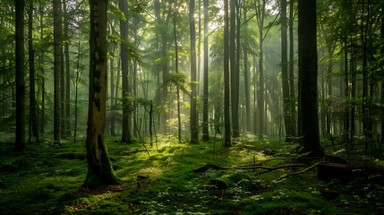 Obraz premium Sunbeams Filtering Through Lush Green Forest 