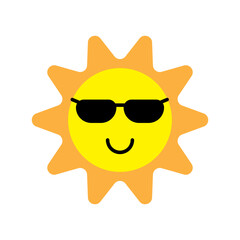 Sunny face icon. Wearing black sunglasses. Bright yellow sun. Fun summer vector.