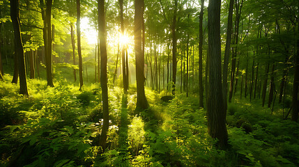 Sunbeams Filtering Through Lush Green Forest
