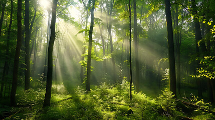 Fototapeta premium Sunbeams Filtering Through Lush Green Forest 