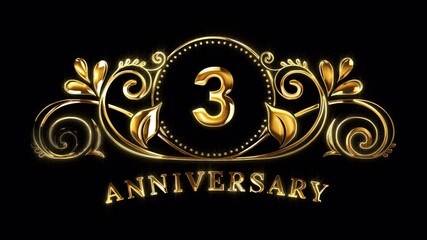 3rd Anniversary Celebration. Happy 3 Years Anniversary Animation in Gold Color on the Transparent Background, Alpha Channel. Great for greetings, celebrations, events, and gifts.