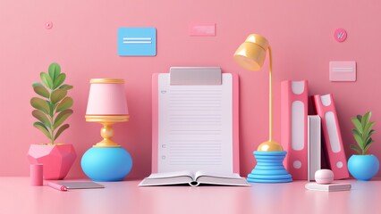 A neat and colorful office desk setup with stationery, lamps, and plants, against a pink background, creating a vibrant workspace.