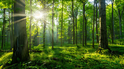 Fototapeta premium Sunbeams Filtering Through Lush Green Forest 