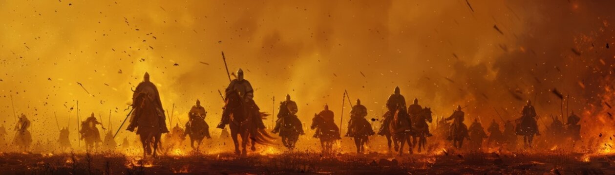 Knights Riding Through Fiery Landscape Silhouettes