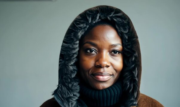 Portrait of a Nigerian woman in her 40s in a minimalist or empty room background wearing a warm parka