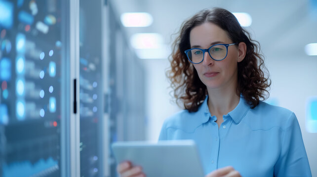 An IT specialist with curly hair and glasses uses a tablet in a data center, surrounded by server racks. The image highlights technology and expertise in managing data infrastructure.