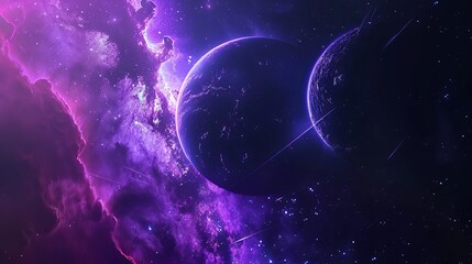 Obraz premium Flying in outer space through aurora. Planets and stars seen on the bakcground