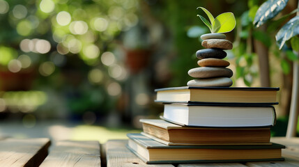 Books with Balanced Stones and Green Leaf