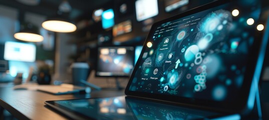 Digital Dashboard on Tablet Displaying Analytics in Modern Office Environment for Business Insights
