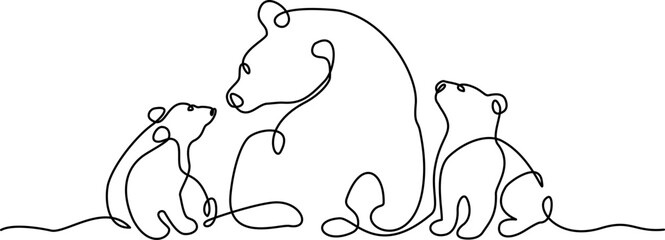 Fototapeta premium Mother bear sits with two cubs. Big bear family. Mom and kids concept.