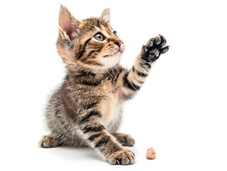 Obraz premium Playful Kitten Batting at Invisible Object on White Background