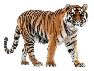 Obraz premium Majestic Siberian Tiger Walking Purposefully on White Background with Copy Space