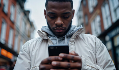 Naklejka premium black man wearing a white jacket looking down at his smartphone while on the street, overcast weather