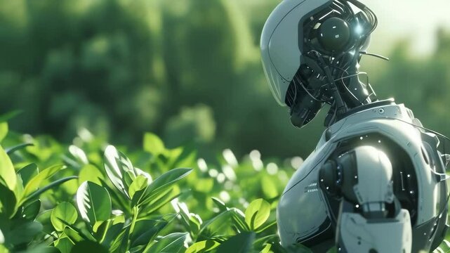 A humanoid robot, designed with advanced technology, is seen tending to vibrant green plants in a lush forest. The scene, captured on a sunny day, emphasizes the harmony between nature and robotics.