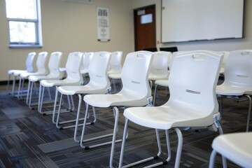 Row of white chairs in a classroom
