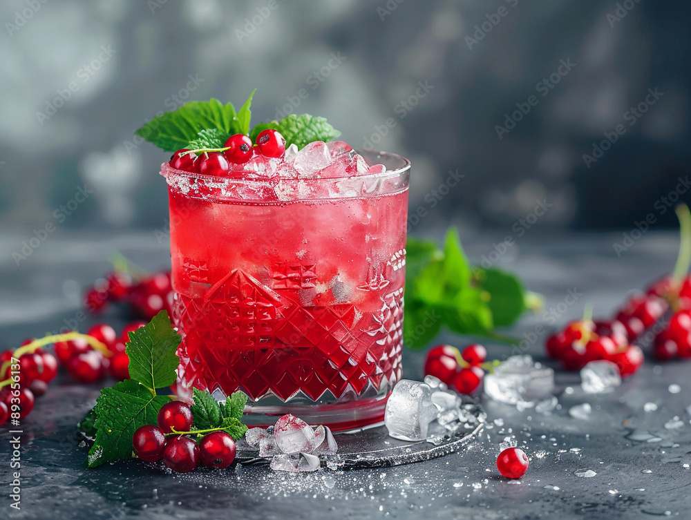 Sticker Refreshing Red Currant Cocktail With Ice and Mint Garnishes