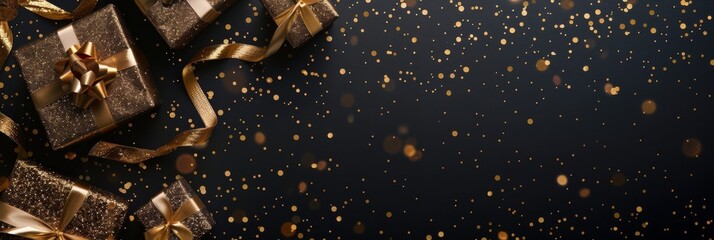 Enhance your luxurious events with sophisticated black and gold gift boxes embellished with chic confetti, ideal for extravagant gifts and exclusive gatherings at opulent celebrations