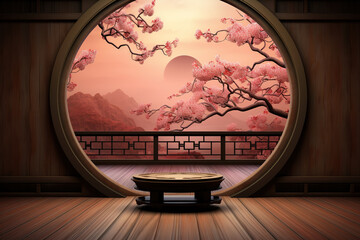 Red Chinese courtyard product exhibition booth and landscape scenery outside the window