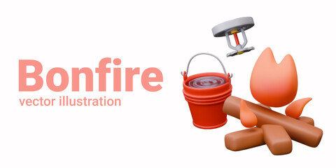 Concept of manual and automatic fire extinguishing. Realistic metal bucket and sprinkler