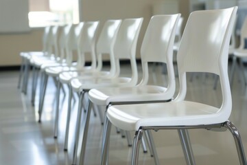 Row of white chairs in a classroom