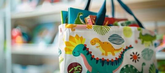 Obraz premium Kids' Playful Dinosaur Shopping Bag Filled with Toys and Books - Perfect for Back-to-School or Day Out