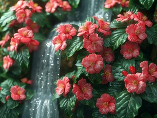 Fototapeta premium Waterfall and Flowerbed - A Serene Garden Scene