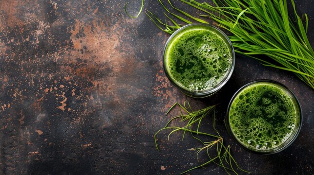 Two wheatgrass juices on rustic table, with fresh sprigs