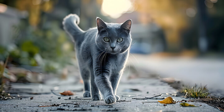 Gray cat found on the road returns home seeking owner or shelter. Concept Lost Cat, Looking for Owner, Found Cat, Shelter, Gray Cat
