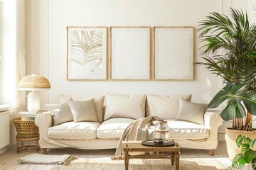 Fototapeta premium Sunny and bright space of living room with stylish sofa, pillows, coffee table, mock up poster frames
