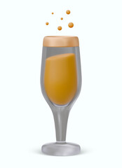 Wineglass with yellow carbonated drink. Realistic champagne glass
