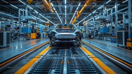 Car production line with cars on the frame and orange parts in an industrial factory