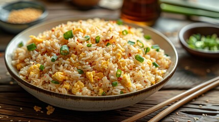 Chinese style fried rice with eggs and green onion in a bowl of an off-white porcelain plate on a wooden tabletop