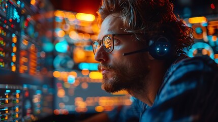 A software engineer coding on a transparent screen in office room 